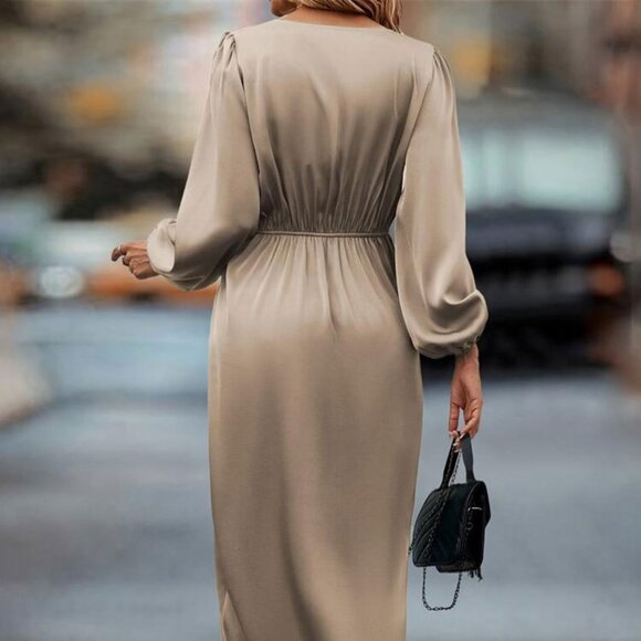 High-Low Surplice Balloon Sleeve Midi Dress | Sheath Formal Solid Dress - Picture 7 of 9
